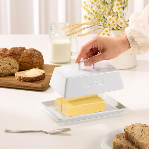 Kook Ceramic Extra Large Butter Dish with Lid, Holds 2 Sticks, Kitchen Countertop Butter Keeper, Serving Tray with Cover (White) in Kuwait