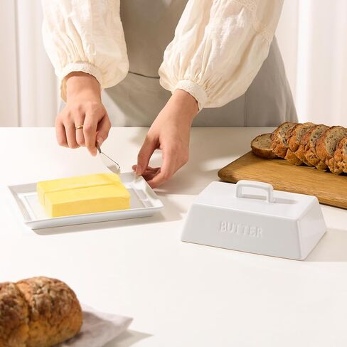 Kook Ceramic Extra Large Butter Dish with Lid, Holds 2 Sticks, Kitchen Countertop Butter Keeper, Serving Tray with Cover (White) in Kuwait