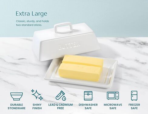 Kook Ceramic Extra Large Butter Dish with Lid, Holds 2 Sticks, Kitchen Countertop Butter Keeper, Serving Tray with Cover (White) in Kuwait