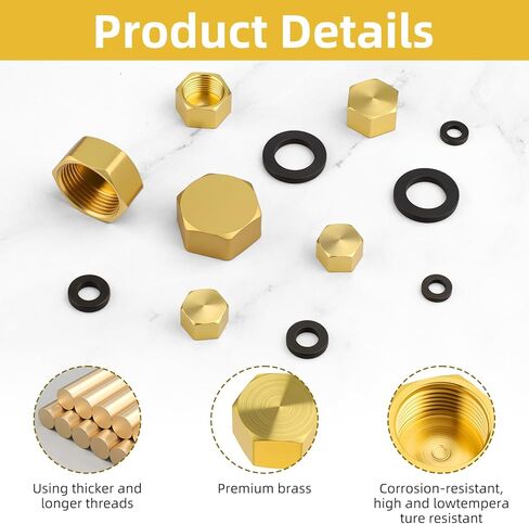 6pcs Brass Pipe Cap with Rubber Gasket - 1/4'' 3/4'' 3/8'' NPT Hex Head Pipe Fitting Caps - Faucet Valve Caps Brass Compression Cap for Closing off Pipes in Saudi Arabia