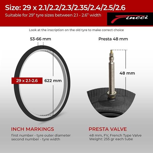 Fincci 29 x 2.1/2.2/2.3/2.35/2.4/2.5/2.6 Inch Bike Inner Tube – 48mm Presta or Schrader Valve – Butyl Rubber – Fits Mountain & Hybrid Bikes – Pack of 2 in Saudi Arabia