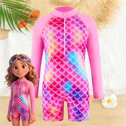 Girls Mermaid Swimsuit Teen One Piece Bathing Suit Long Sleeve Swimwear Quick Drying for Beach Pool 3-12Y in Saudi Arabia