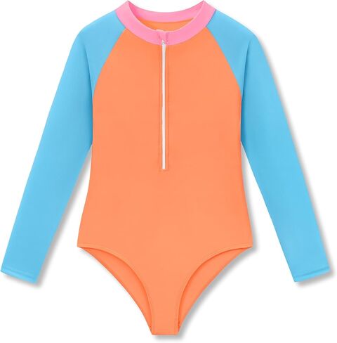 ملابس سباحة Dvenki للفتيات Rashguard قطعة واحدة برقبة عالية وأكمام طويلة وسحاب صيفي لباس سباحة مقاس 6X-16 in Kuwait