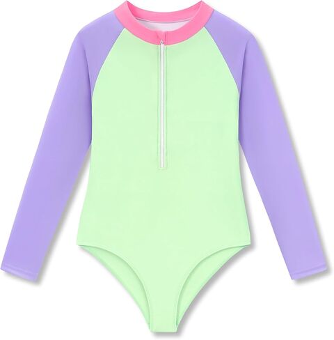 ملابس سباحة Dvenki للفتيات Rashguard قطعة واحدة برقبة عالية وأكمام طويلة وسحاب صيفي لباس سباحة مقاس 6X-16 in Kuwait