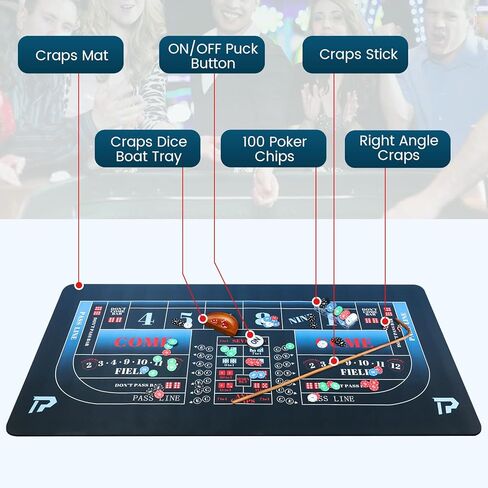 مجموعة من ألعاب Tabletop Craps مع 35*70 "Craps Rubber Tabletop Layout HAT ، 48*11" Craps Pyramid Pyramid Pumper ، 36 "عصا راتان ، زهر كازينو 19 مم ، زر ON/OFF و 100 PCS شرائح in Kuwait