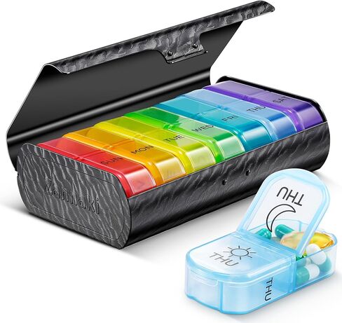Zannaki Metal XL Weekly Pill Organizer 2 Times a Day, Large Travel Daily Pill Box 7 Day, Portable Week Twice Pill Holder Container, AM PM Pill Case for Medicine Vitamin Medication Supplement, Black in Kuwait