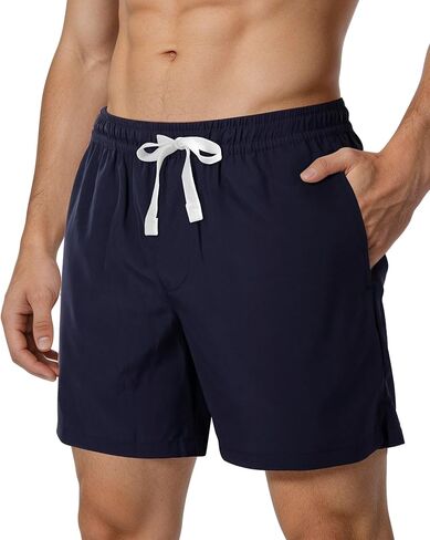 سروال سباحة رجالي مع شورت بطانة مضغوطة قابل للتمدد لباس سباحة رجالي سريع الجفاف شورت بجيوب ملابس السباحة in Kuwait