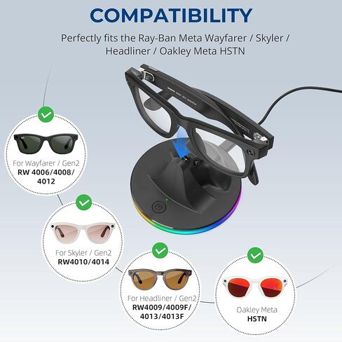 قاعدة شحن BonFook مع ضوء RGB لنظارات RayBan Meta Glasses Gen 1 & 2 Wayfarer/Skyler/Headliner وOakley Meta HSTN، حامل سطح المكتب لشاحن النظارات الذكية مع حالة الشحن LED، أسود in Kuwait