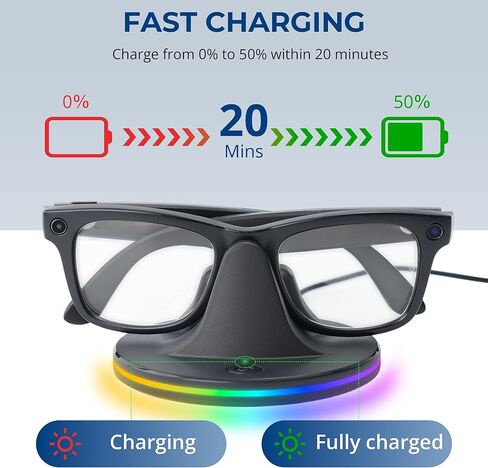 قاعدة شحن BonFook مع ضوء RGB لنظارات RayBan Meta Glasses Gen 1 & 2 Wayfarer/Skyler/Headliner وOakley Meta HSTN، حامل سطح المكتب لشاحن النظارات الذكية مع حالة الشحن LED، أسود in Kuwait