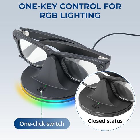 قاعدة شحن BonFook مع ضوء RGB لنظارات RayBan Meta Glasses Gen 1 & 2 Wayfarer/Skyler/Headliner وOakley Meta HSTN، حامل سطح المكتب لشاحن النظارات الذكية مع حالة الشحن LED، أسود in Kuwait