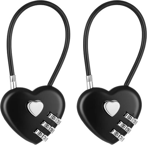 2 PCS 3 Digit Combination Padlock Heart Combination Locks Cute Combo Cable Lock Black Luggage Code Lock with Steel Wire Rope Mini Love Locker Locks for Backpack Luggage Lockers Jewelry Boxes in Saudi Arabia