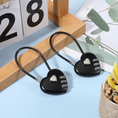 2 PCS 3 Digit Combination Padlock Heart Combination Locks Cute Combo Cable Lock Black Luggage Code Lock with Steel Wire Rope Mini Love Locker Locks for Backpack Luggage Lockers Jewelry Boxes in Saudi Arabia