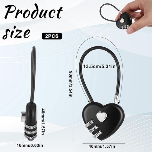 2 PCS 3 Digit Combination Padlock Heart Combination Locks Cute Combo Cable Lock Black Luggage Code Lock with Steel Wire Rope Mini Love Locker Locks for Backpack Luggage Lockers Jewelry Boxes in Saudi Arabia