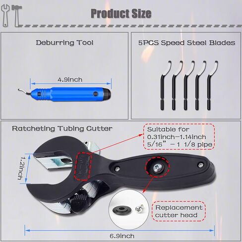 قاطع أنابيب تصاعدية، قاطع أنابيب نحاسية، قاطع أنابيب 5/16 بوصة إلى 1 1/8 بوصة، 2 في 1-360 درجة قاطعة مدمجة للأنابيب ذات الأرباع المغلقة مع أداة إزالة الأزيز، أداة قطع Pex لقطع أنابيب النحاس والمعادن. in Kuwait
