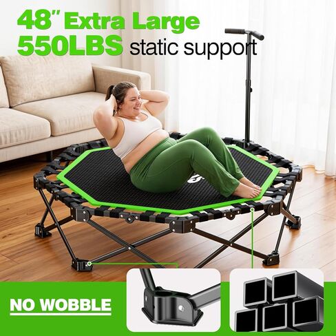 48" Foldable Mini Trampoline, 550lb Capacity Rebounder with Adjustable T-Bar for Adults, Home Gym Fitness Equipment (Black Green) in Kuwait