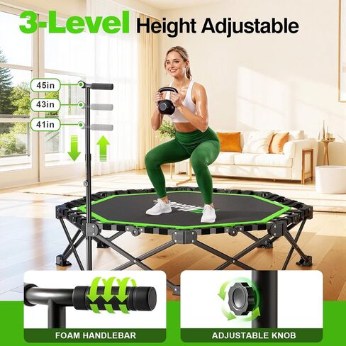 48" Foldable Mini Trampoline, 550lb Capacity Rebounder with Adjustable T-Bar for Adults, Home Gym Fitness Equipment (Black Green) in Kuwait