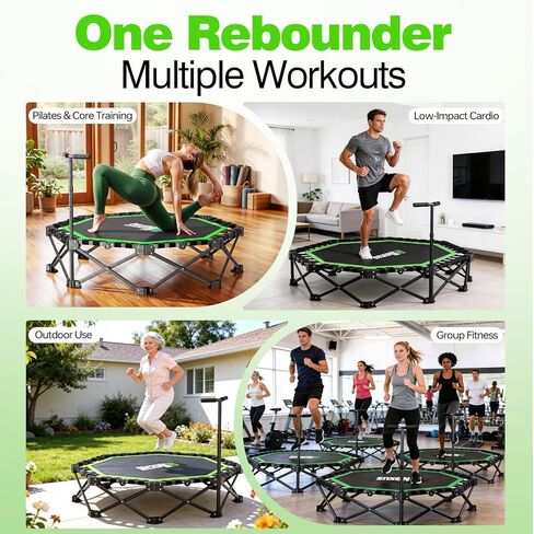 48" Foldable Mini Trampoline, 550lb Capacity Rebounder with Adjustable T-Bar for Adults, Home Gym Fitness Equipment (Black Green) in Kuwait