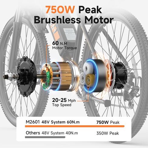 دراجة جبلية كهربائية هاي كيب للبالغين - دراجة ركاب كهربائية 48 فولت مع محرك ذروة 750 وات، دراجة جبلية كهربائية 26 بوصة، بطارية قابلة للإزالة 374 وات في الساعة، سرعة تصل إلى 20 ميل في الساعة، تعليق أمامي وفرامل قرصية مزدوجة in Kuwait