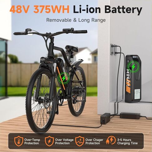 دراجة جبلية كهربائية هاي كيب للبالغين - دراجة ركاب كهربائية 48 فولت مع محرك ذروة 750 وات، دراجة جبلية كهربائية 26 بوصة، بطارية قابلة للإزالة 374 وات في الساعة، سرعة تصل إلى 20 ميل في الساعة، تعليق أمامي وفرامل قرصية مزدوجة in Kuwait