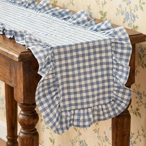 HunnmingRe 1 Pcs Blue Plaid Gingham Ruffle Table Runner 118 x 13.8'' Farmhouse Easter Table Runner 100% Cotton Scalloped Long Dresser Scarves for Dining Room, Wedding, Kitchen Rustic Home Decor in Saudi Arabia