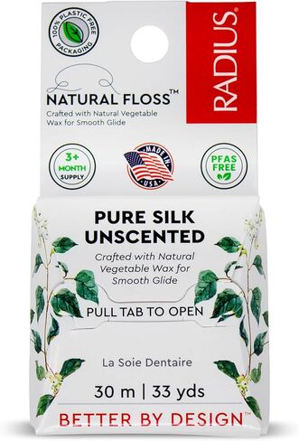 RADIUS Natural Silk Dental Floss, Now 30% Thinner for Smooth Glide in Tight Teeth, Hand-Spun Silk Infused with Coconut Oil, Plastic-Free & Sustainable Packaging, Unscented, 33 YD - Pack of 1 in Saudi Arabia
