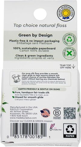 RADIUS Natural Silk Dental Floss, Now 30% Thinner for Smooth Glide in Tight Teeth, Hand-Spun Silk Infused with Coconut Oil, Plastic-Free & Sustainable Packaging, Unscented, 33 YD - Pack of 1 in Saudi Arabia