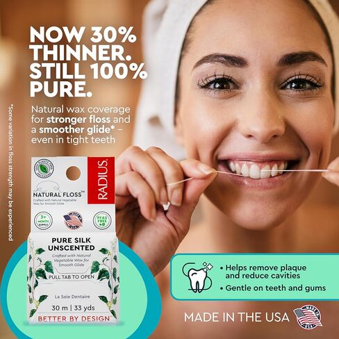 RADIUS Natural Silk Dental Floss, Now 30% Thinner for Smooth Glide in Tight Teeth, Hand-Spun Silk Infused with Coconut Oil, Plastic-Free & Sustainable Packaging, Unscented, 33 YD - Pack of 1 in Saudi Arabia