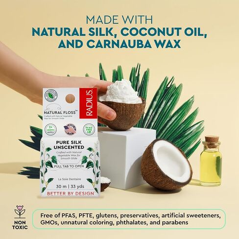 RADIUS Natural Silk Dental Floss, Now 30% Thinner for Smooth Glide in Tight Teeth, Hand-Spun Silk Infused with Coconut Oil, Plastic-Free & Sustainable Packaging, Unscented, 33 YD - Pack of 1 in Saudi Arabia