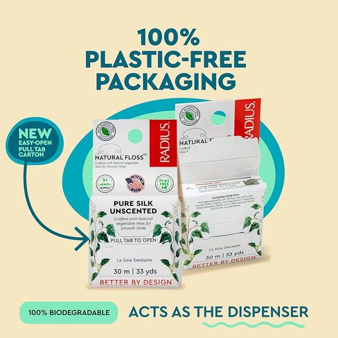 RADIUS Natural Silk Dental Floss, Now 30% Thinner for Smooth Glide in Tight Teeth, Hand-Spun Silk Infused with Coconut Oil, Plastic-Free & Sustainable Packaging, Unscented, 33 YD - Pack of 1 in Saudi Arabia