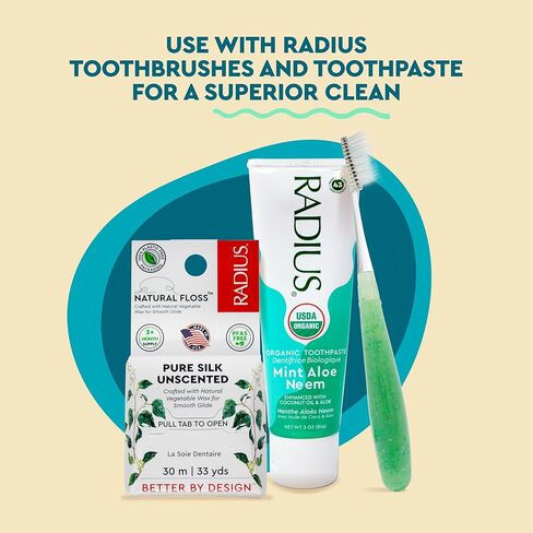 RADIUS Natural Silk Dental Floss, Now 30% Thinner for Smooth Glide in Tight Teeth, Hand-Spun Silk Infused with Coconut Oil, Plastic-Free & Sustainable Packaging, Unscented, 33 YD - Pack of 1 in Saudi Arabia