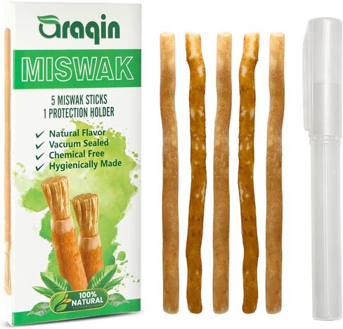 Pack of 5 Miswak Sticks for Teeth with 1 Holder - Natural Toothbrush Stick for Teeth Whitening & Healthy Gums | Vacuum Sealed Sewak Sticks for Teeth | Peelu Wood Miswak Toothbrush in Saudi Arabia