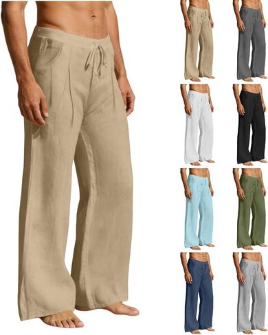 Mens Casual Pants Cotton Drawstring Baggy Loose Fit Lightweight Breathable Summer Beach Vacation Trousers with Pockets in Saudi Arabia