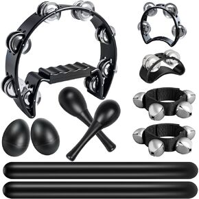 11 Pcs Black Tambourine Set for Adults - Half Moon Tambourine, Foot with Bells,Wrist Bells, Egg Shakers, Wooden Rhythm Sticks,Pair of Maracas, Hand Percussion Instrument Set for Party, KTV in Kuwait