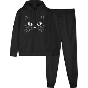 Cat Print Sweatsuit Sets for Women Casual Simple Long Sleeve Hoodies and Drawstring Elastic Waist Trousers 2 Piece in Saudi Arabia