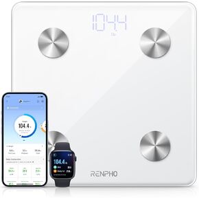 مقياس رينفو الذكي، مقياس الحمام الرقمي للوزن، مقياس مع مؤشر كتلة الجسم، دهون الجسم، كتلة العضلات، تحليل تكوين الجسم، مقياس بلوتوث دقيق للغاية مع التطبيق، 400 رطل، White-Elis 1 in Kuwait
