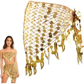 وشاح الورك للرقص الشرقي للسيدات مع تنانير مثلثة ملتفة بالترتر وشاح للخصر وسلسلة للورك، تنورة رقص بطن حلوة ملفوفة للعملات المعدنية اللامعة بالترتر، زي للنساء باللون الذهبي in Kuwait