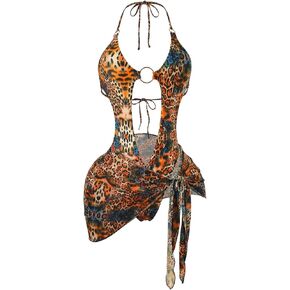 طقم ملابس سباحة نسائي من Verdusa مكون من قطعتين قطعة واحدة بطبعة الفهد مع تنورة لتغطية ملابس العطلات in Kuwait