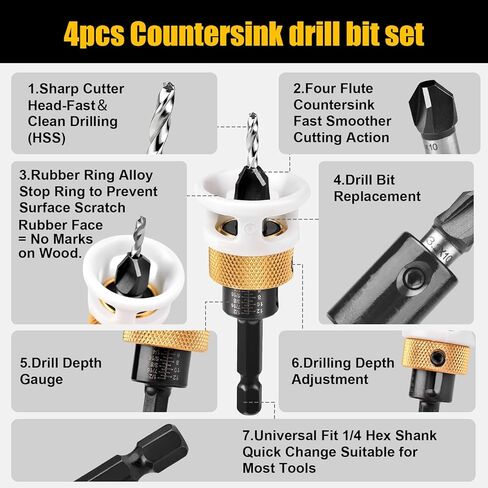 4 Pcs Carbide Countersink Drill Bit Set for Wood, 4-Flute Woodworking Countersink Drill Bit Set with Adjustable Low Friction Depth Stop, Carbide Bits with Stop Collar (2.8/3.2/3.5/4mm) in Saudi Arabia
