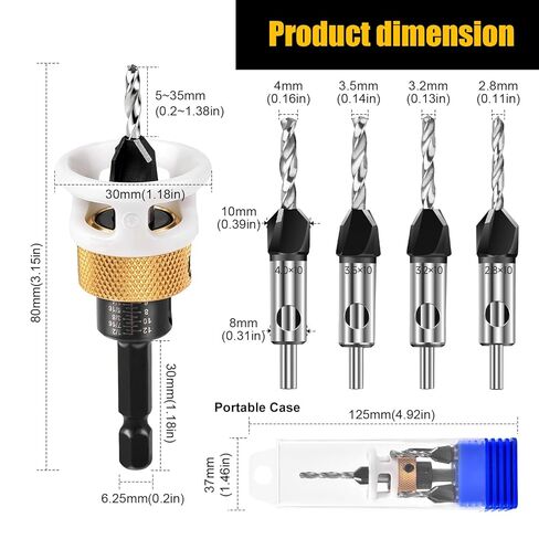 4 Pcs Carbide Countersink Drill Bit Set for Wood, 4-Flute Woodworking Countersink Drill Bit Set with Adjustable Low Friction Depth Stop, Carbide Bits with Stop Collar (2.8/3.2/3.5/4mm) in Saudi Arabia
