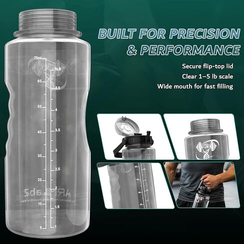 Barbottle, Gym Water Bottle with Measurement Scale, 1-5 lb Water Weight Capacity, Wide Mouth Flip Top Lid with Carry Loop, Forearm Roller 2.0 Compatible in Saudi Arabia