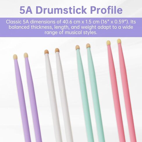 4 أزواج ملونة من أعواد الطبول من خشب القيقب بطرف قطرة ماء 5A للتدرب على مجموعة الطبول/الفخ والطبول الإلكترونية، أخضر/وردي/أرجواني/أبيض in Kuwait