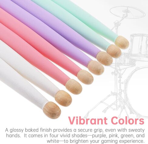 4 أزواج ملونة من أعواد الطبول من خشب القيقب بطرف قطرة ماء 5A للتدرب على مجموعة الطبول/الفخ والطبول الإلكترونية، أخضر/وردي/أرجواني/أبيض in Kuwait