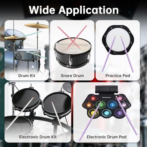 4 أزواج ملونة من أعواد الطبول من خشب القيقب بطرف قطرة ماء 5A للتدرب على مجموعة الطبول/الفخ والطبول الإلكترونية، أخضر/وردي/أرجواني/أبيض in Kuwait