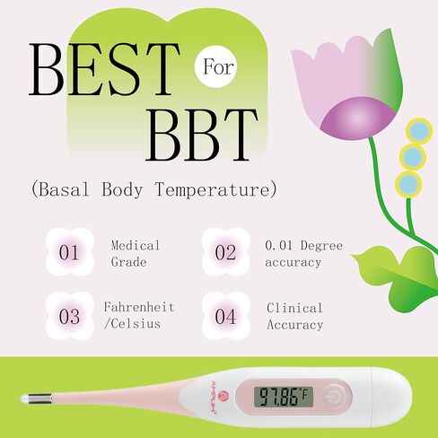 Amplim Digital Basal Thermometer, Medical Grade Accurate BBT for Ovulation Tracking, 1/100th Degree High Precision Fertility Prediction, 60-Sec Read, Memory Recall, Flexible Waterproof Tip, Pink in Saudi Arabia
