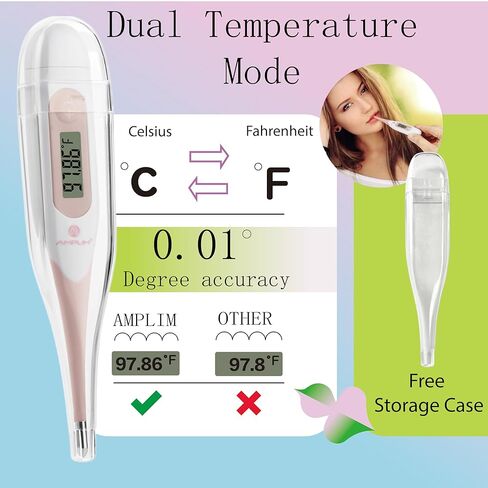 Amplim Digital Basal Thermometer, Medical Grade Accurate BBT for Ovulation Tracking, 1/100th Degree High Precision Fertility Prediction, 60-Sec Read, Memory Recall, Flexible Waterproof Tip, Pink in Saudi Arabia