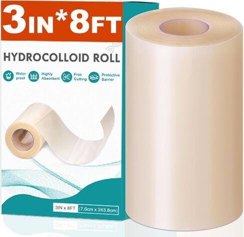 Hydrocolloid Roll for Wound Care, Hydrocolloid Patch Bandages with Self-Adhesive, Bed Sore Bandages, Highly Absorbent for Burn, Blister, Acne Care, Sterile and Waterproof (3in x 8ft) in Kuwait