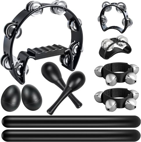 مجموعة 11 قطعة من الدف الأسود للبالغين - دف نصف قمر، قدم مع أجراس، أجراس المعصم، هزازات البيض، أعواد إيقاع خشبية، زوج من الماراكا، مجموعة أدوات قرع يدوية للحفلات، KTV in Kuwait