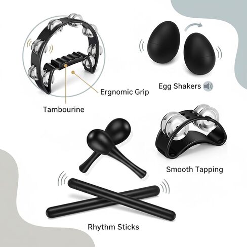 مجموعة 11 قطعة من الدف الأسود للبالغين - دف نصف قمر، قدم مع أجراس، أجراس المعصم، هزازات البيض، أعواد إيقاع خشبية، زوج من الماراكا، مجموعة أدوات قرع يدوية للحفلات، KTV in Kuwait