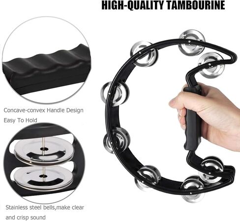 مجموعة 11 قطعة من الدف الأسود للبالغين - دف نصف قمر، قدم مع أجراس، أجراس المعصم، هزازات البيض، أعواد إيقاع خشبية، زوج من الماراكا، مجموعة أدوات قرع يدوية للحفلات، KTV in Kuwait