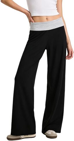 OAKFashion Womens Wide Leg Fold Over Flare Pants Casual Lounge Yoga Leggings Y2K Sweatpants Workout Stretch Bell Bottom in Saudi Arabia